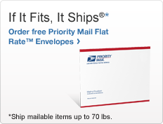 If It Fits, It Ships®*  Order free Priority Mail Flat Rate® Envelopes. *Ship mailable items up to 70 lbs. Image of Priority Mail Flat Rate Envelope.