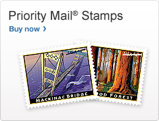 Priority Mail® Stamps. Buy now. Image of stamps showing the Mackinac Bridge and the Redwood Forest.