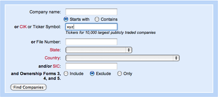 Screenshot of EDGAR database search form indicating fields for company name, or CIK or ticker symbol, file number, and other information including the state, country, and/or SIC for the company