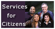 Four smiling people with Services for Citizens slogan