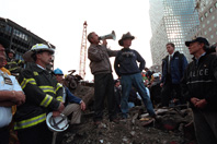 At the site of the World Trade Center in New York City on September 14, 2001, President George W. Bush pledged that the voices calling for justice from across the country would be heard. (P7365-23A)