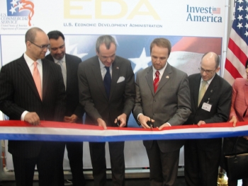U.S. Ambassador to Germany Philip Murphy and Deputy Assistant Secretary of Commerce for Economic Development Brian McGowan open the Invest in America Pavilion at Hannover Messe 2011.