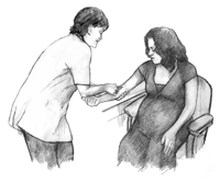 Drawing of a pregnant woman getting a blood test. She is seated and a health care provider is taking blood from her outstretched arm.