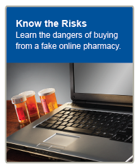 Know the Risks. Learn the signs of an illegal online pharmacy. (Photo of opened laptop with 3 bottles of prescription medicine on a table.)