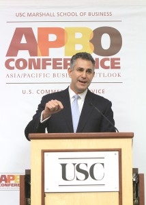 Under Secretary of Commerce for International Trade Francisco Sánchez speaks during the APBO Conference (Photo USC Marshall School of Business)