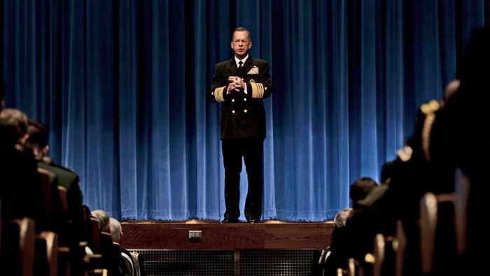The Admiral of the Joint Chiefs of Staff addresses students and faculty at the Naval War College in Newport, R.I.