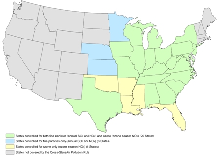 Map of States covered by the Cross-State Air Pollution Rule (CSAPR)