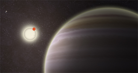An artist's illustration of PH1, a planet discovered by volunteers from the Planet Hunters citizen science project. PH1, shown in the foreground, is the first reported case of a planet orbiting a double-star that, in turn, is orbited by a second distant pair of stars.
