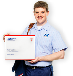 A smiling mailman holds a Flat Rate Box.