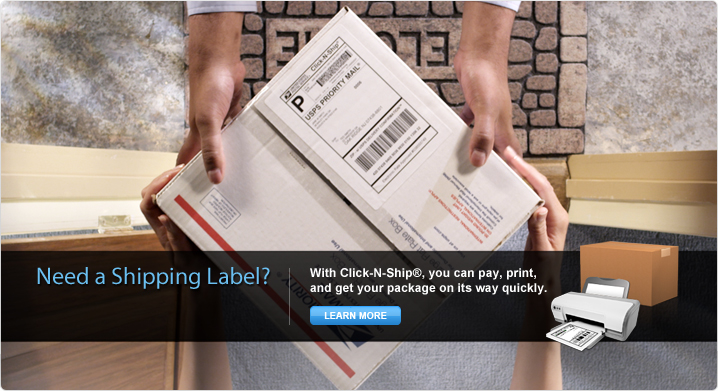 Need a Shipping Label? With Click-N-Ship®, you can pay, print, and get your package on its way quickly. Image of a package being handed over for deliver.