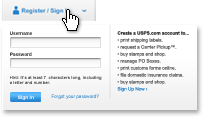 Sign in drop-down form requires USPS.com username and password.