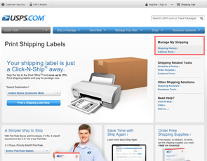 Screenshot of the Print Shipping Labels web page, with the Manage My Shipping feature highlighted in red.