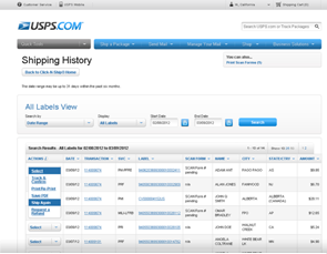 Screenshot of the Shipping History web page.
