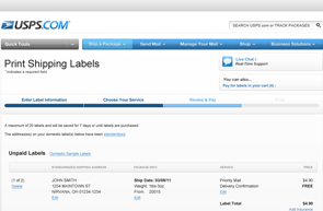 Screenshot of Print Shipping Labels web page.