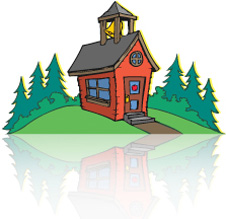 Image shows a cartoon schoolhouse.