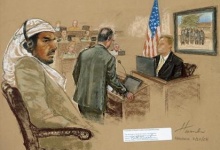 In this file photograph of a sketch by courtroom artist Janet Hamlin, reviewed by the U.S. Military, defendant Salim Hamdan sits during his trial inside the war crimes courthouse at Camp Justice, the legal complex of the U.S. Military Commissions, at Guantanamo Bay U.S. Naval Base, in Cuba, July 24, 2008. REUTERS/Janet Hamlin/Pool