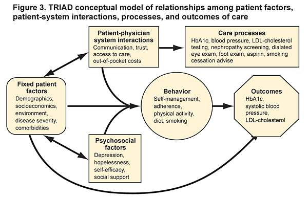 Figure 3: TRIAD conceptual model of relationships among patient factors, patient-system interactions, processes, and outcomes of care 