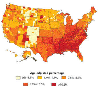 Figure 3: Percentage of U.S. Adults Aged >=20 Years with Diagnosed Diabetes, by County, 2008