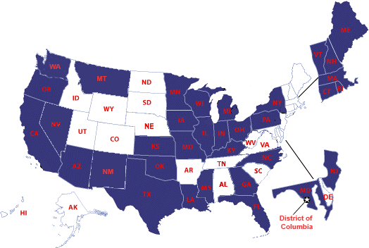USA map showing funded and unfunded states