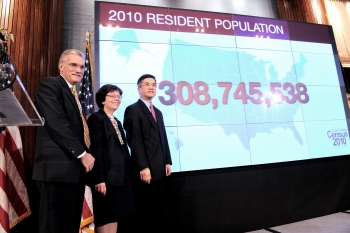 Secretary Locke, Acting Deputy Secretary Blank and Census Director Groves Stand Before the Official Population of the United States (April 1, 2010)