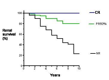 At ten years after diagnosis, approximately 50% of individuals with FSGS will developed end-stage kidney disease, requiring dialysis or kidney transplant. This statistic includes both individuals who received treatment and did not respond favorably and individuals who came ot medical attention too late for effective therapy to be attempted. This prognosis makes FSGS the most serious primary glomerular disease.