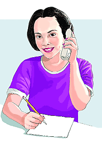 Ilustración: Una mujer hablando por teléfono y tomando notas con lápiz y papel