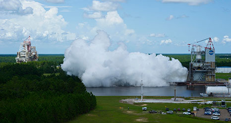 NASA engineers conducted a 550-second test of the new J-2x rocket engine at Stennis Space Center in Mississippi on July 13, 2012.