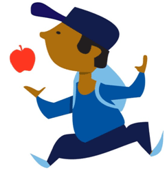 Boy throwing apple in the air.
