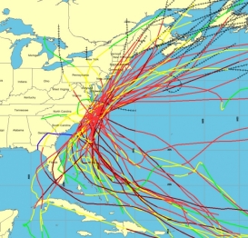 Graphic from NOAA's Historical Hurricane Tracks tool shows all hurricanes passing within 65 nautical miles of Cape Hatteras, N.C., since 1900.
