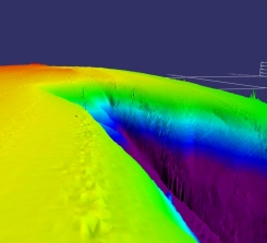 This mulitbeam sonar image shows the San Andreas Fault cutting through the head of Noyo Canyon