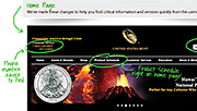 Image shows a section of the usmint.gov home page with annotations of changes