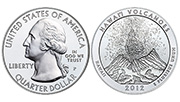 Obverse and reverse of the 2012 America the Beautiful Five-Ounce Silver Uncirculated Coin™– Hawai'i Volcanoes National Park Quarter
