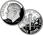 Roosevelt Dime Proof. Obverse depicts a portrait of Roosevelt. Reverse depicts a torch, an olive branch, and an oak branch.