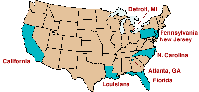 USA map with Study states: CA, FL, GA, LA, MI, NC, NJ, and PA.