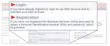 Image of BSO Welcome  page with enlarged login and registration  links