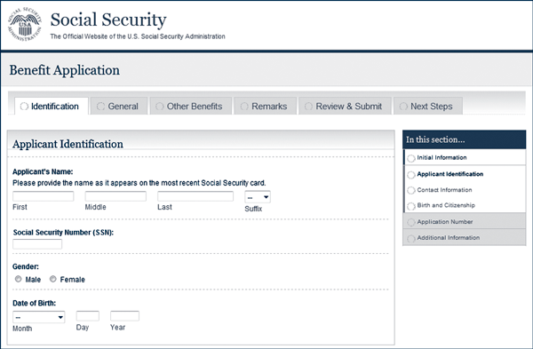 Screen Shot of the Benefit Application Applicant Identification screen
Fill in fields requiring input of the First Name, Full Middle Name, Last Name, Suffix, Social Security Number (enter digits and hyphens) Gender, Date Of Birth, Month, Day and Year can be selected from a pull down list.
