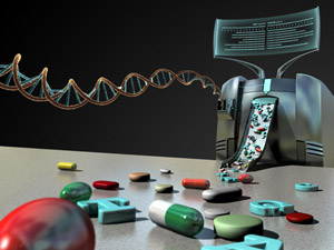 Ilustración conceptual que muestra análisis genéticos que contribuyen a la creación de fármacos dirigidos. (Ilustración de Joshua Stokes, BMC, St. Jude Children’s Research Hospital)