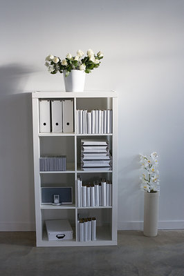 Foto de un estante, lleno de libros y materiales. Photo of a bookshelf loaded with books!