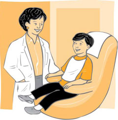Ilustración: La dentista sonríe al niño sentado en la silla dental