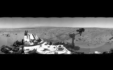 This 360-degree scene shows the surroundings of the location where NASA Mars rover Curiosity arrived on the 59th Martian day, or sol, of the rover's mission on Mars (Oct. 5, 2012). It is a mosaic of images taken by Curiosity's Navigation Camera (Navcam) on sols 59 and 60.