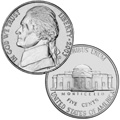 Jefferson Nickel. Obverse depicts profile of Thomas Jefferson. Reverse depicts Monticello, the President’s historic home near Charlottesville, Virginia.