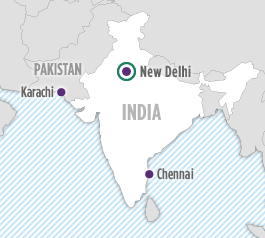 Map of India with New Delhi, Karachi and Chennai marked.