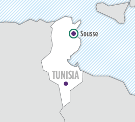 Map of Tunisia with  marked.
