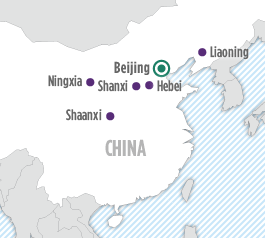 Map of China with Beijing, Hebei Province, Liaoning Province, Ningxia Province, Shaanxi Province and Shanxi Province marked.