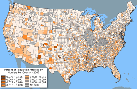 Map of the conterminous United States showing percent of population affected by murders for the year 2002, by county