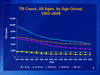 Slide 4: TB Cases, All Ages, by Age Group, 1993-2006.  Click for larger version. Click below for d link text version.