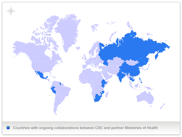 World Map highlighting the countries where DTBE has ongoing collaborations with local Ministries of Health