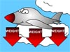 Cartoon airplane flying in a cloudy sky with red arrows pointing down with the word WEIGHT on each of them