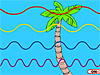 Colored waves pass in front of a palm tree