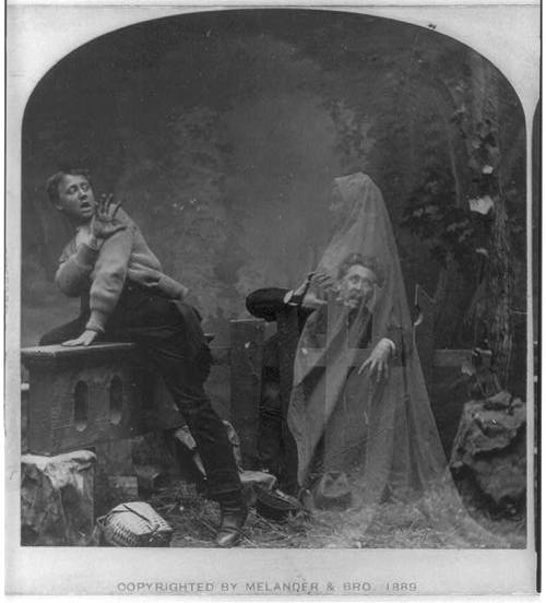 Image description: This photo, circa 1889, shows a ghost scaring two men. From the mid-1800s to early-1900s, &#8220;spirit photographs&#8221; were popular and easy to fake. Learn more about spirit photographs.
Photo from the Library of Congress Prints and Photographs Division